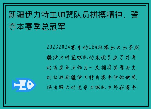 新疆伊力特主帅赞队员拼搏精神，誓夺本赛季总冠军
